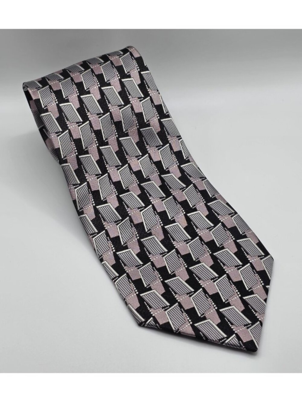 JOSEPH FEISS Tie 100% Silk Necktie Geometric Black/Lilac/Silver NWT